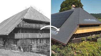 Altes Bild von einem Bauernhaus - neues Bild von einem Bauernhaus mit saniertem Dach inkl. PV-Anlage