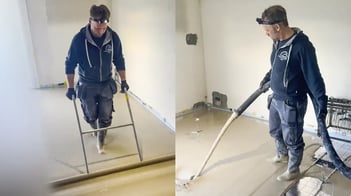 Andreas Steiner giesst und schwabbelt den neuen Unterlagsboden