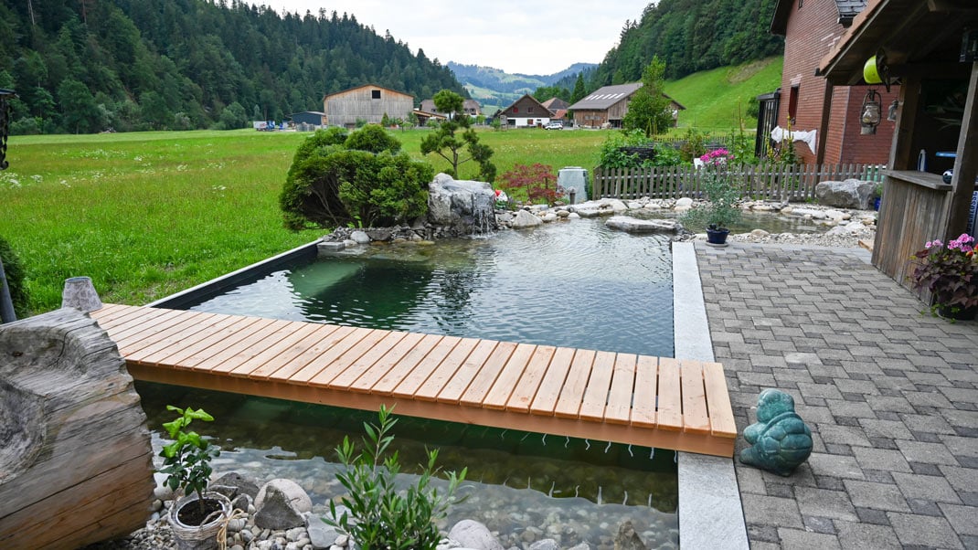 Neuer Schwimmteich im Emmental mit Blick auf Tal 